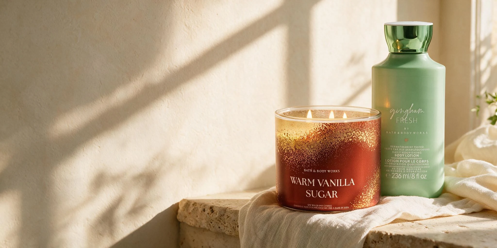 Gün ışığında, keten örtü üzerinde Warm Vanilla Sugar mum ve Gingham Fresh vücut losyonu